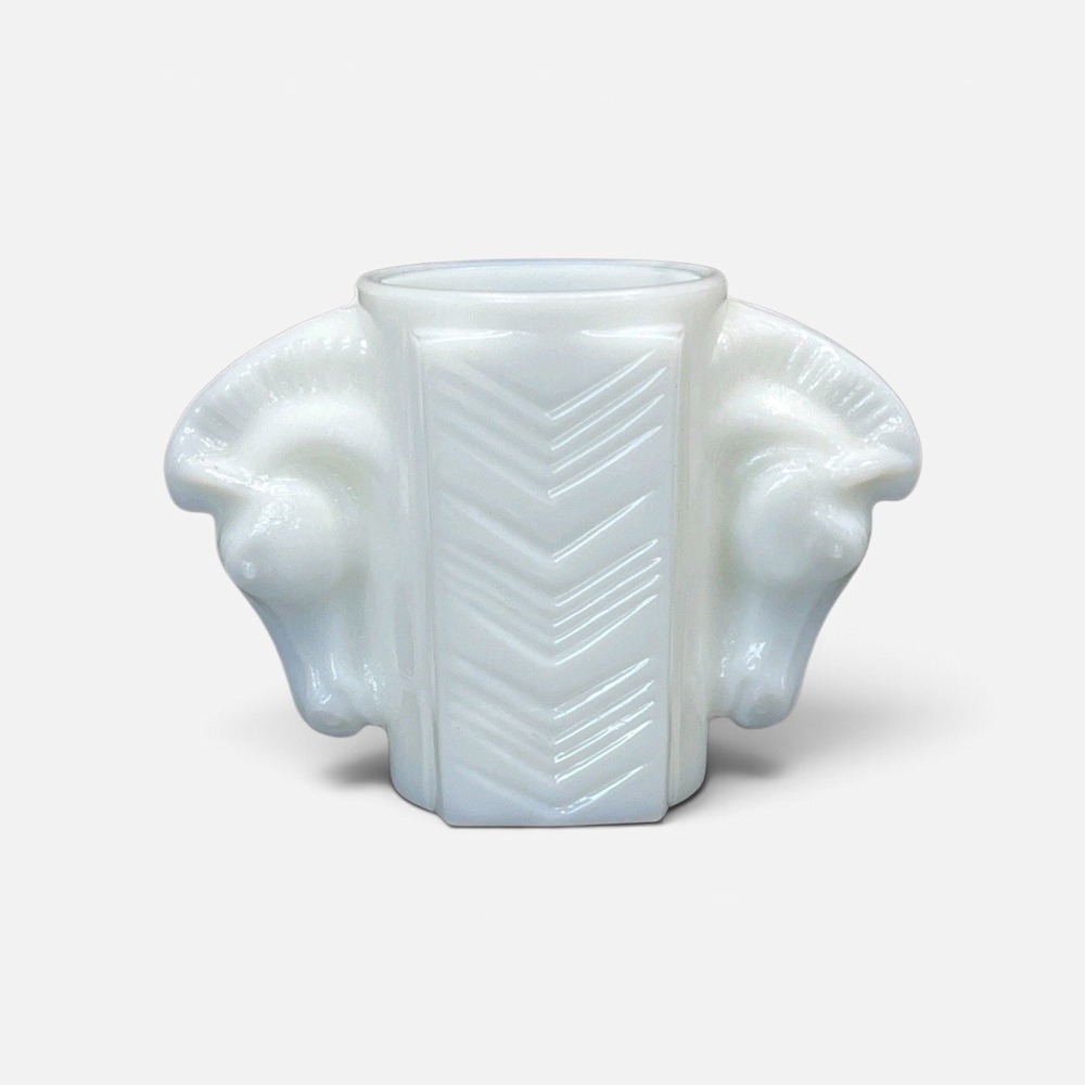 Vintage Milk Glass Art Deco Ram Head Toothpick Holder Chevron Bud Vase White